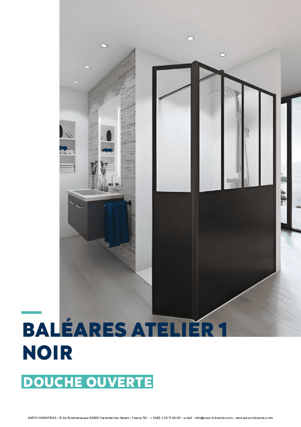 Douche verre paroi walk-in ouverte verre trempé EN12150 AURYS sérigraphie atelier noir