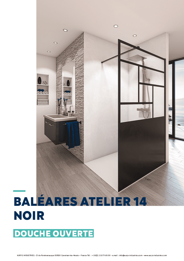 Douche verre paroi walk-in ouverte verre trempé EN12150 AURYS sérigraphie atelier noir