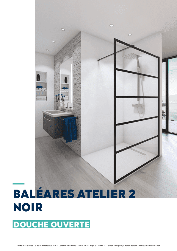 Douche verre paroi walk-in ouverte verre trempé EN12150 AURYS sérigraphie atelier noir