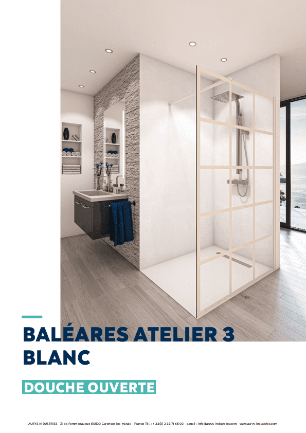 Douche verre paroi walk-in ouverte verre trempé EN12150 AURYS sérigraphie atelier blanc
