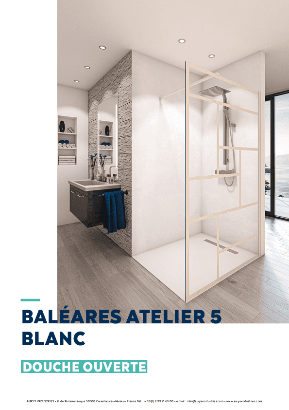 Douche verre paroi walk-in ouverte verre trempé EN12150 AURYS sérigraphie atelier blanc