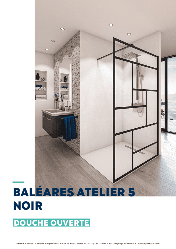 Douche verre paroi walk-in ouverte verre trempé EN12150 AURYS sérigraphie atelier noir