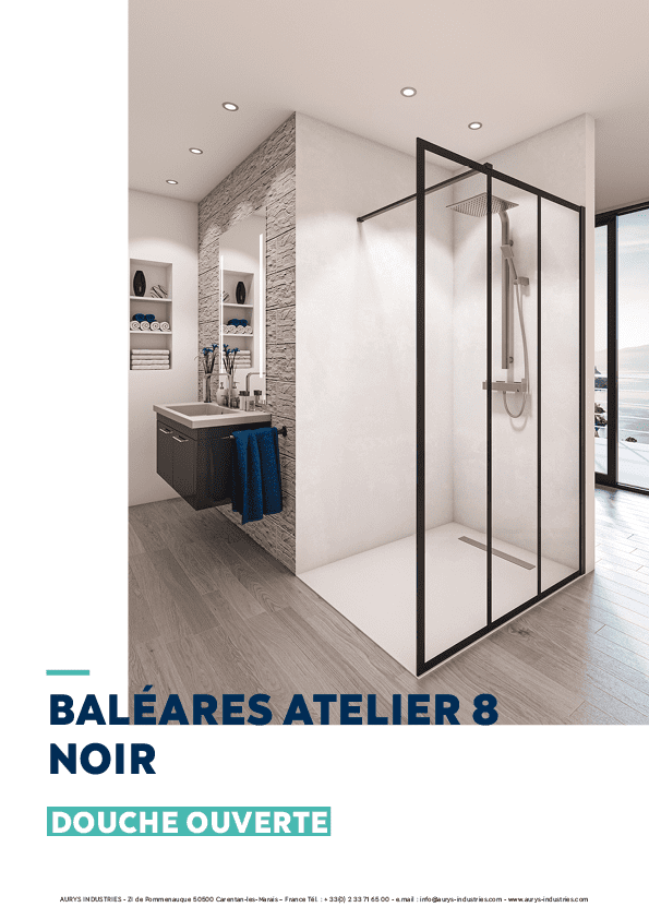 Douche verre paroi walk-in ouverte verre trempé EN12150 AURYS sérigraphie atelier noir