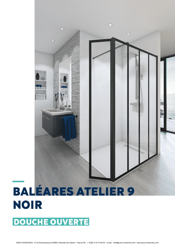 Douche verre paroi walk-in ouverte verre trempé EN12150 AURYS sérigraphie atelier noir