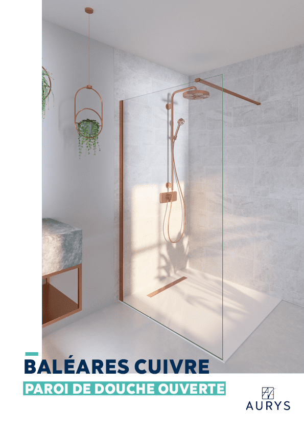 Douche verre paroi walk-in ouverte verre trempé EN12150 AURYS accessoires cuivre