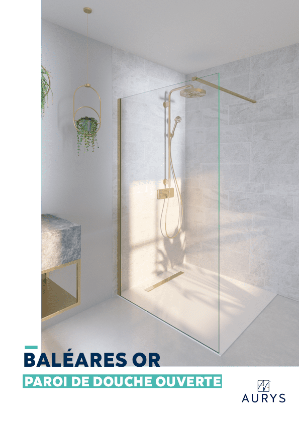 Douche verre paroi walk-in ouverte verre trempé EN12150 AURYS accessoires or