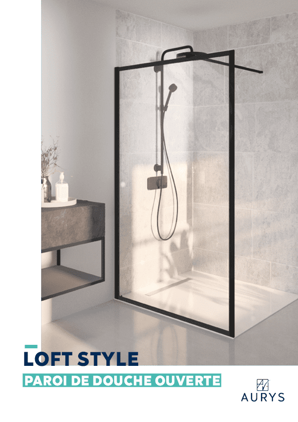 Douche verre paroi walk-in ouverte verre trempé EN12150 AURYS sérigraphie atelier noir