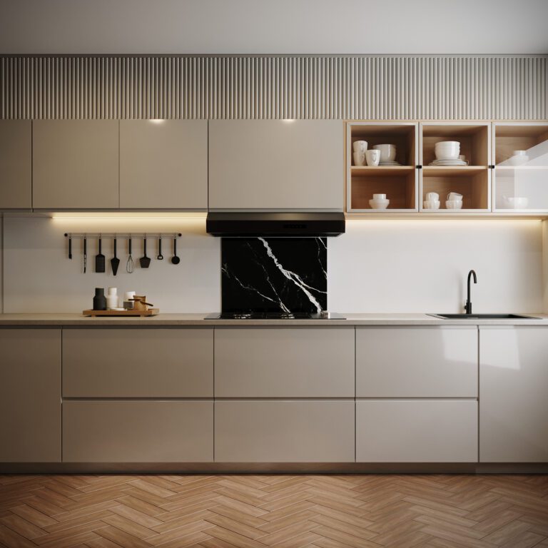 Cuisine AURYS verre laqué beige fond de hotte marbre noir en verre